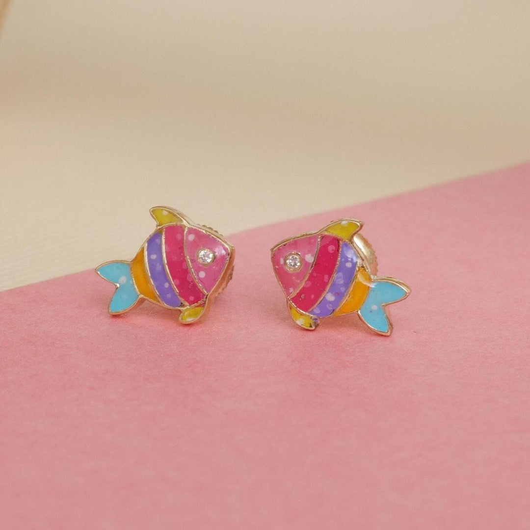 Kids Fish Diamond Stud Earrings, 14k Solid Gold With Enameling, Natural Diamonds, Ocean Animal Jewelry, Gift for girls, Ready To Ship