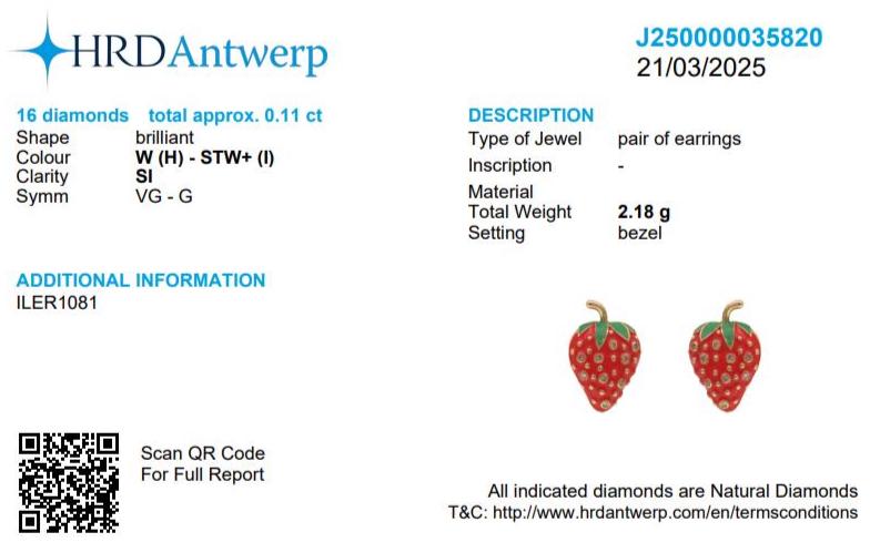 Kids Strawberry Diamond Stud Earrings, 14k Solid Gold, Natural Diamonds, Enamel Fruit Jewelry, Gift for girls, Ready To Ship, HRD Certified