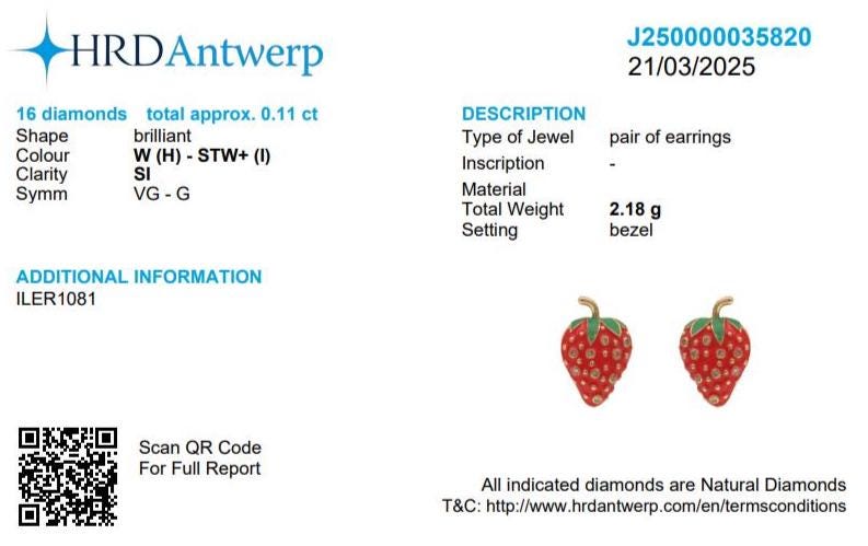 Kids Strawberry Diamond Stud Earrings, 14k Solid Gold, Natural Diamonds, Enamel Fruit Jewelry, Gift for girls, Ready To Ship, HRD Certified