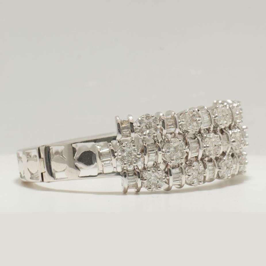 Triple Row Diamond Bracelet, 14k Solid Gold, Natural Diamonds, Baguette Cluster Illusion Cocktail Bracelet, Wide Wedding Statement Bracelet