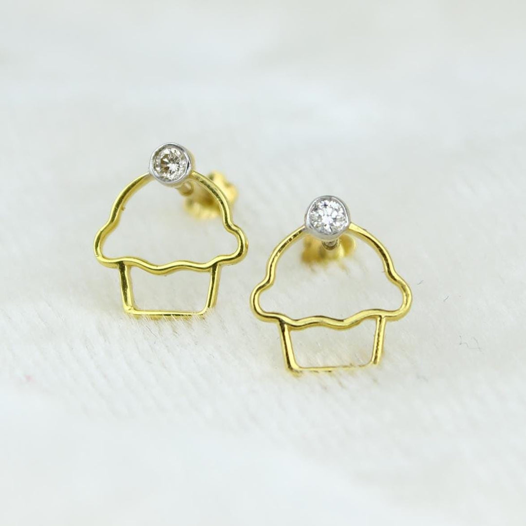 Kids Cupcake Diamond Stud Earrings, 14k Solid Gold, Natural Diamonds, Sweet Treat Jewelry, Gift for girls, Ready To Ship, HRD Certified