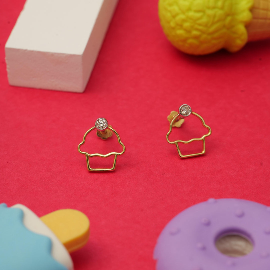 Kids Cupcake Diamond Stud Earrings, 14k Solid Gold, Natural Diamonds, Sweet Treat Jewelry, Gift for girls, Ready To Ship, HRD Certified