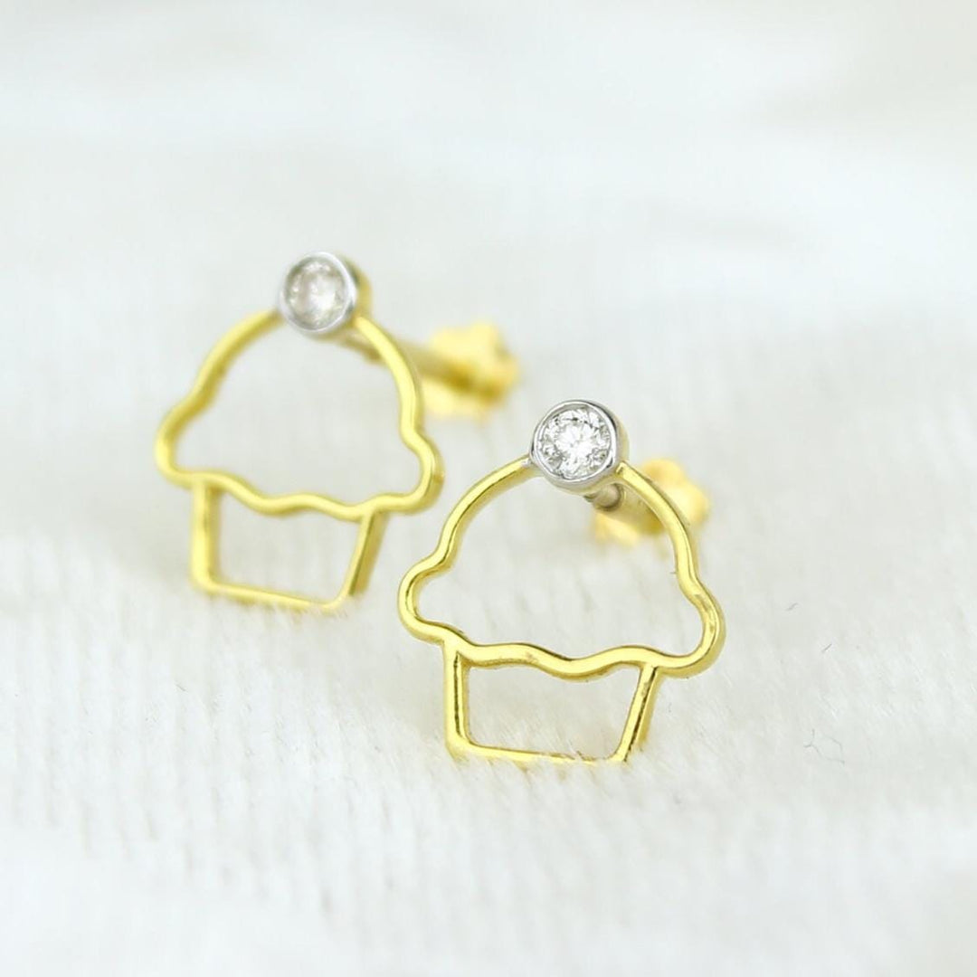 Kids Cupcake Diamond Stud Earrings, 14k Solid Gold, Natural Diamonds, Sweet Treat Jewelry, Gift for girls, Ready To Ship, HRD Certified