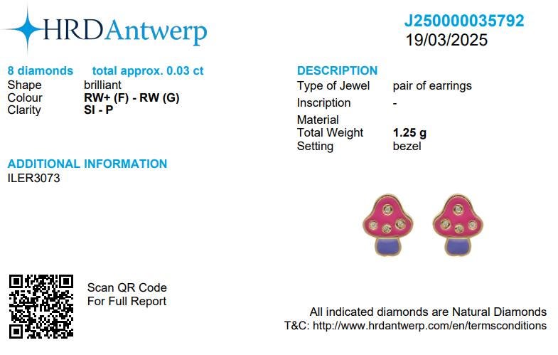 Kids Mushroom Diamond Earrings, 14k Solid Gold, Colorful Enamel Studs, Natural Diamonds, Gift for girls, Ready To Ship, HRD Certified