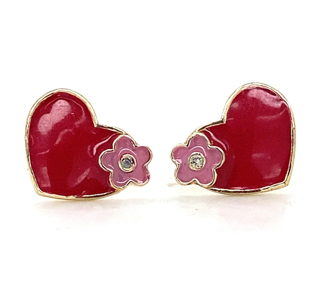 Teenager Floral Heart Diamond Stud Earrings, 14k Solid Gold With Enameling, Natural Diamonds, Gift for girls, Ready To Ship, HRD Certified