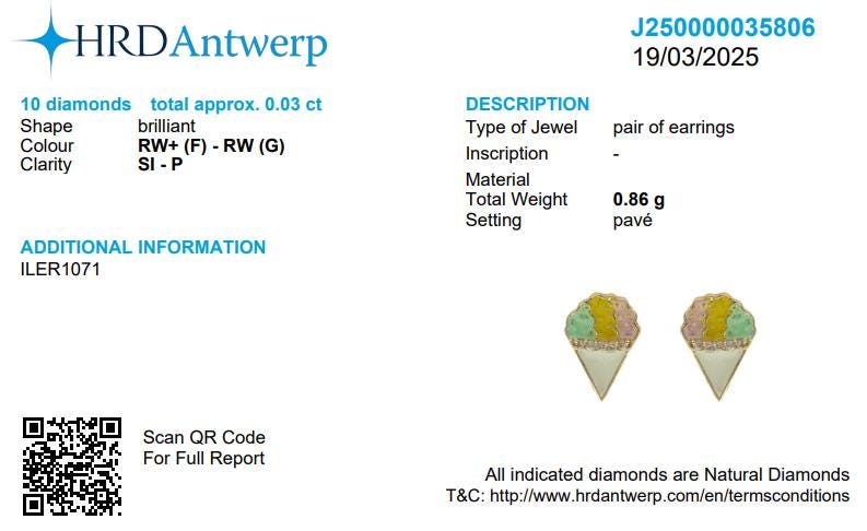 Kids Cone Ice Cream Diamond Stud Earrings, 14k Solid Gold, Natural Diamonds, Enamel Summer Jewelry, Ready To Ship, HRD Certified