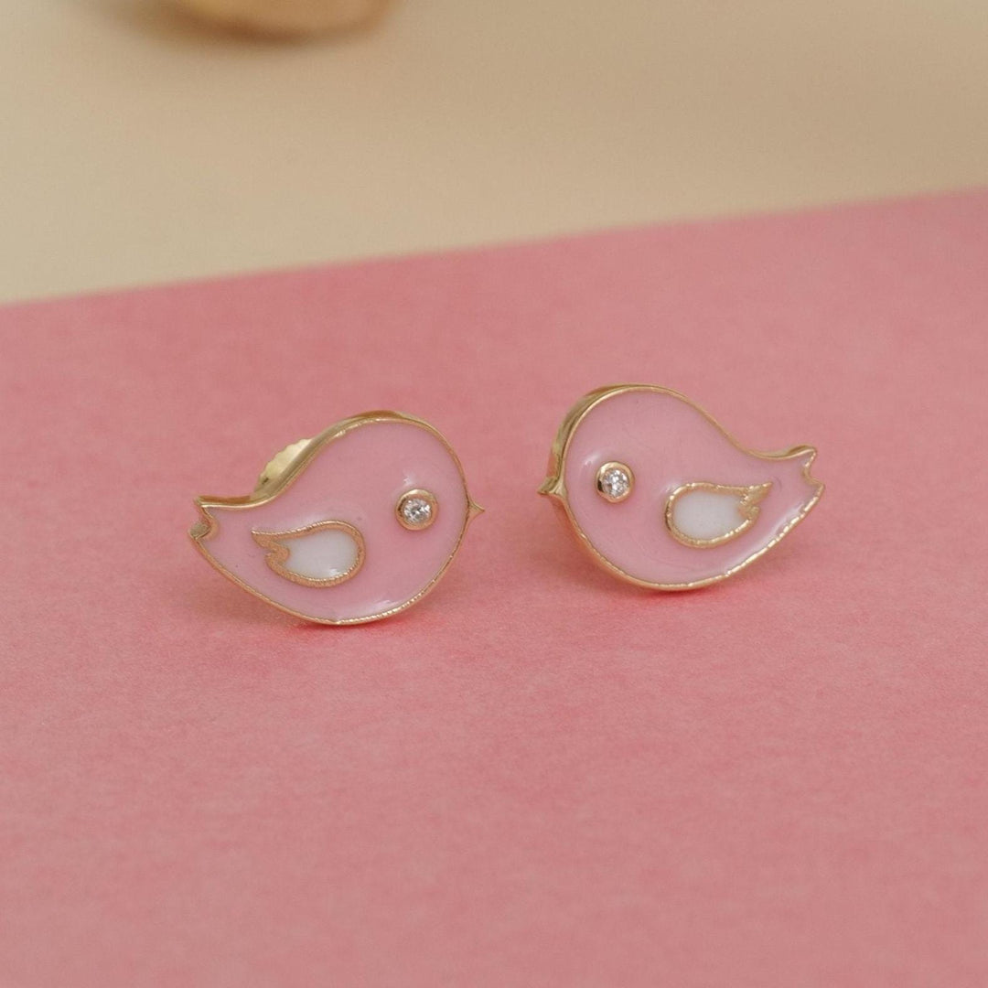 Kids Pink Bird Diamond Stud Earrings, 14k Solid Gold With Enameling, Natural Diamonds, Gift for toddlers/girls/kids, Ready To Ship