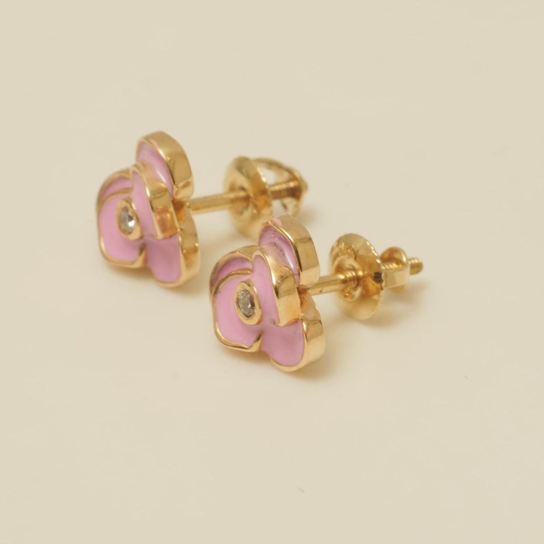 Kids Blooming Flower Diamond Earrings, 14k Solid Gold, Pink Enamel Studs, Natural Diamonds, Gift for toddlers/girls/kids, Ready To Ship