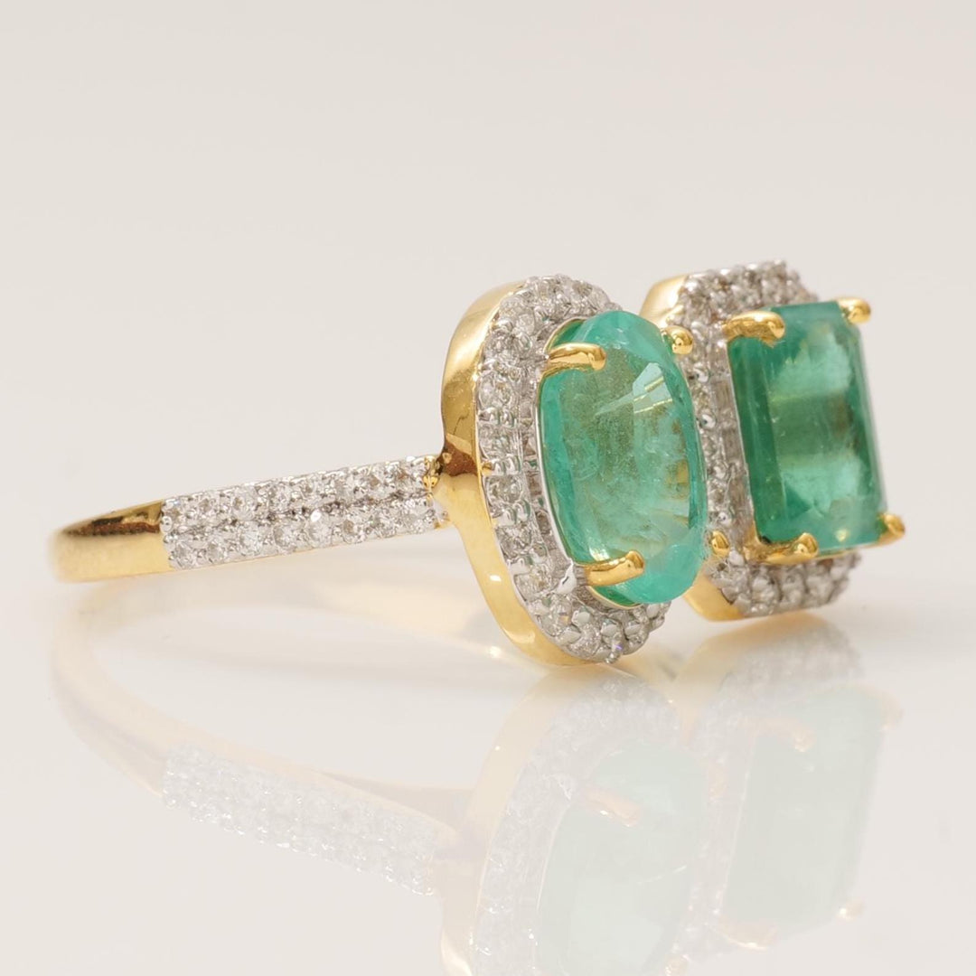 Emerald Gemstone Halo Diamond Ring, 14k Solid Gold, Natural Diamond, Statement Jewelry, Dual Tone Ring, Cocktail Ring, Gift for Her
