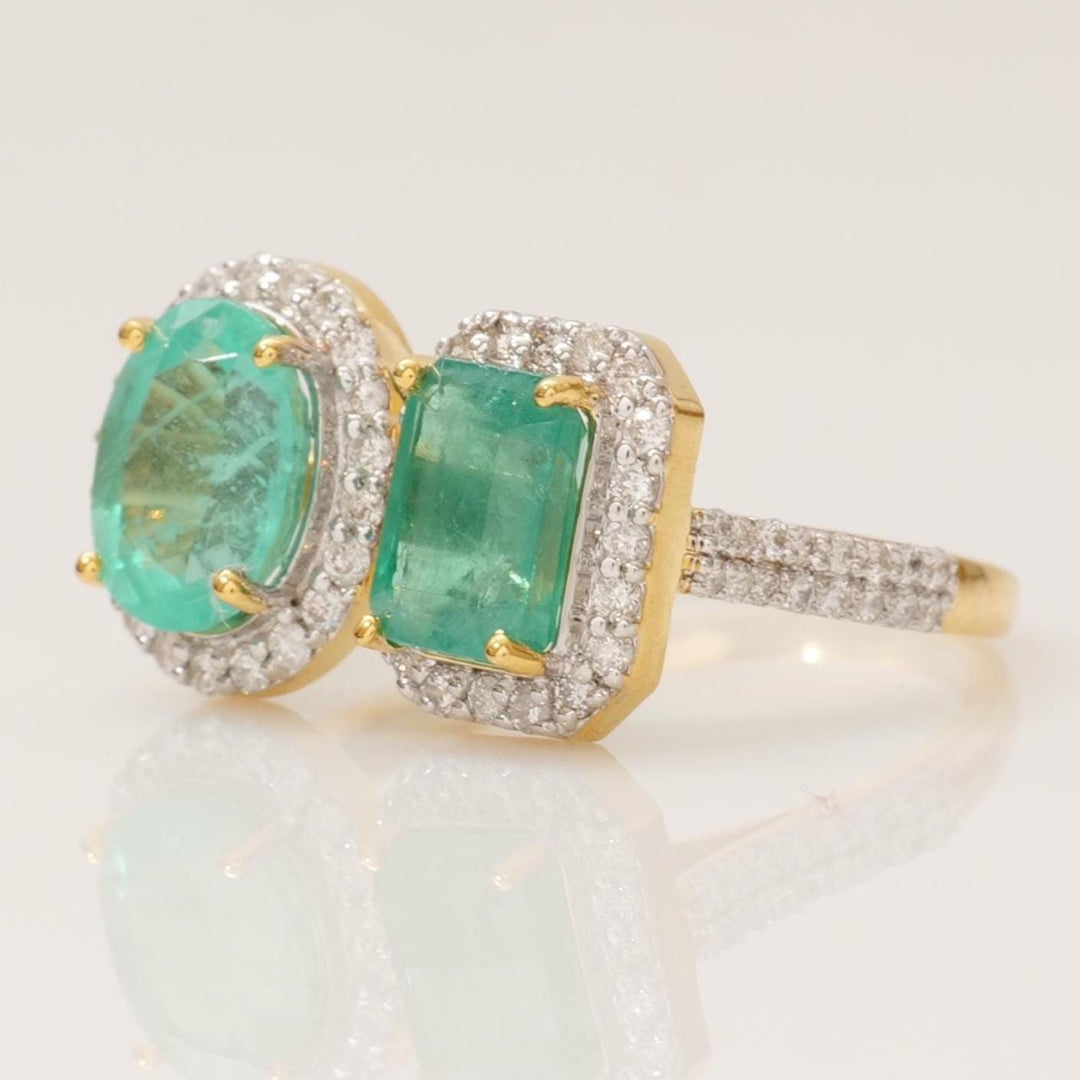 Emerald Gemstone Halo Diamond Ring, 14k Solid Gold, Natural Diamond, Statement Jewelry, Dual Tone Ring, Cocktail Ring, Gift for Her