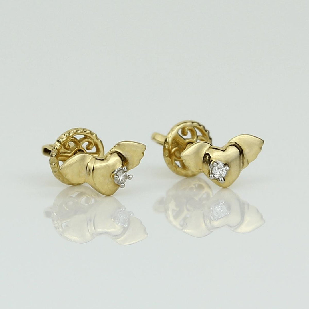 Kids Winged Heart Diamond Stud Earrings, 14k Solid Gold, Natural Diamonds, Angel Jewelry, Gift for toddlers/girls/kids