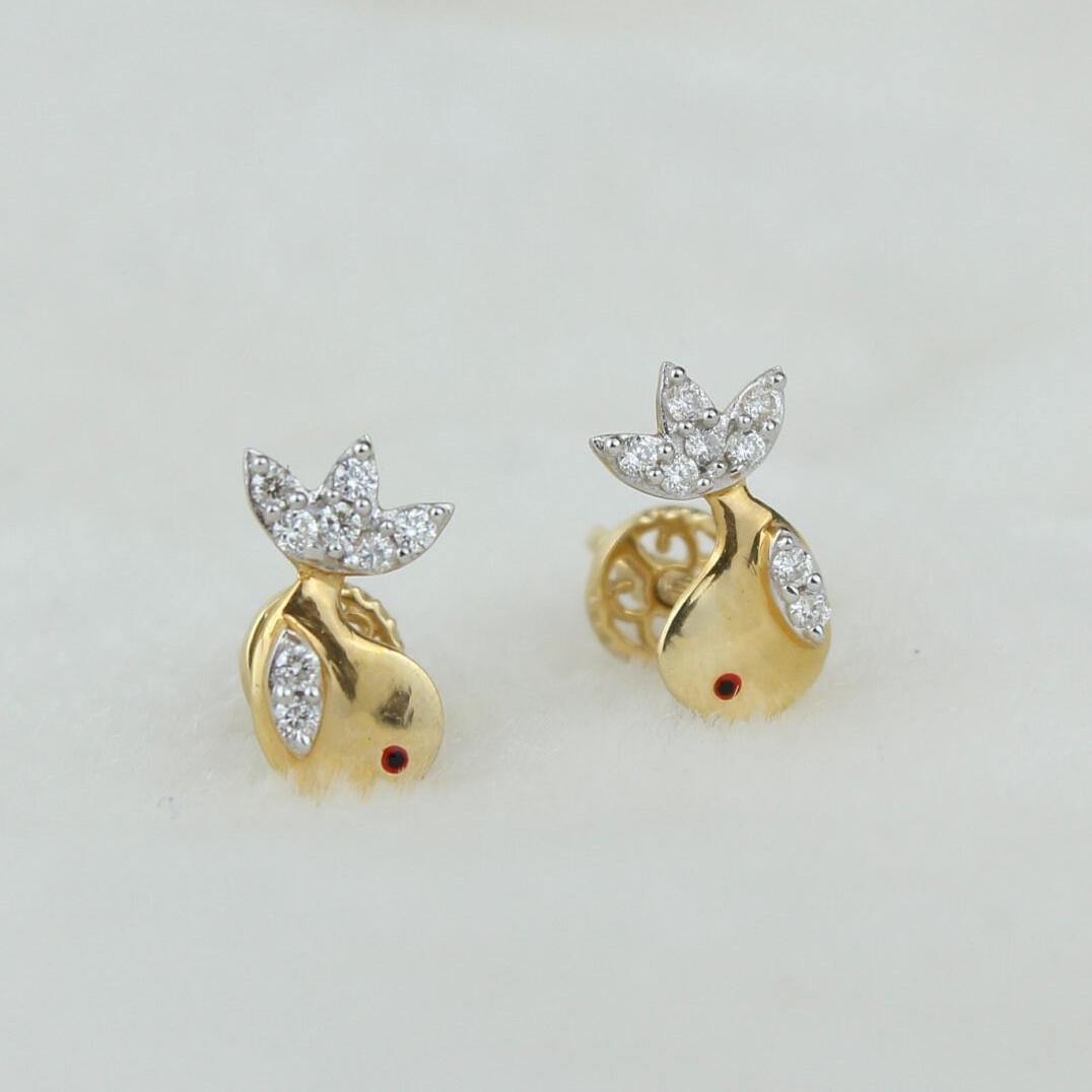 Kids Fish Diamond Stud Earrings, 14k Solid Gold, Natural Diamonds, Kids Jewelry, Gift for toddlers, girls and kids Gift For Her