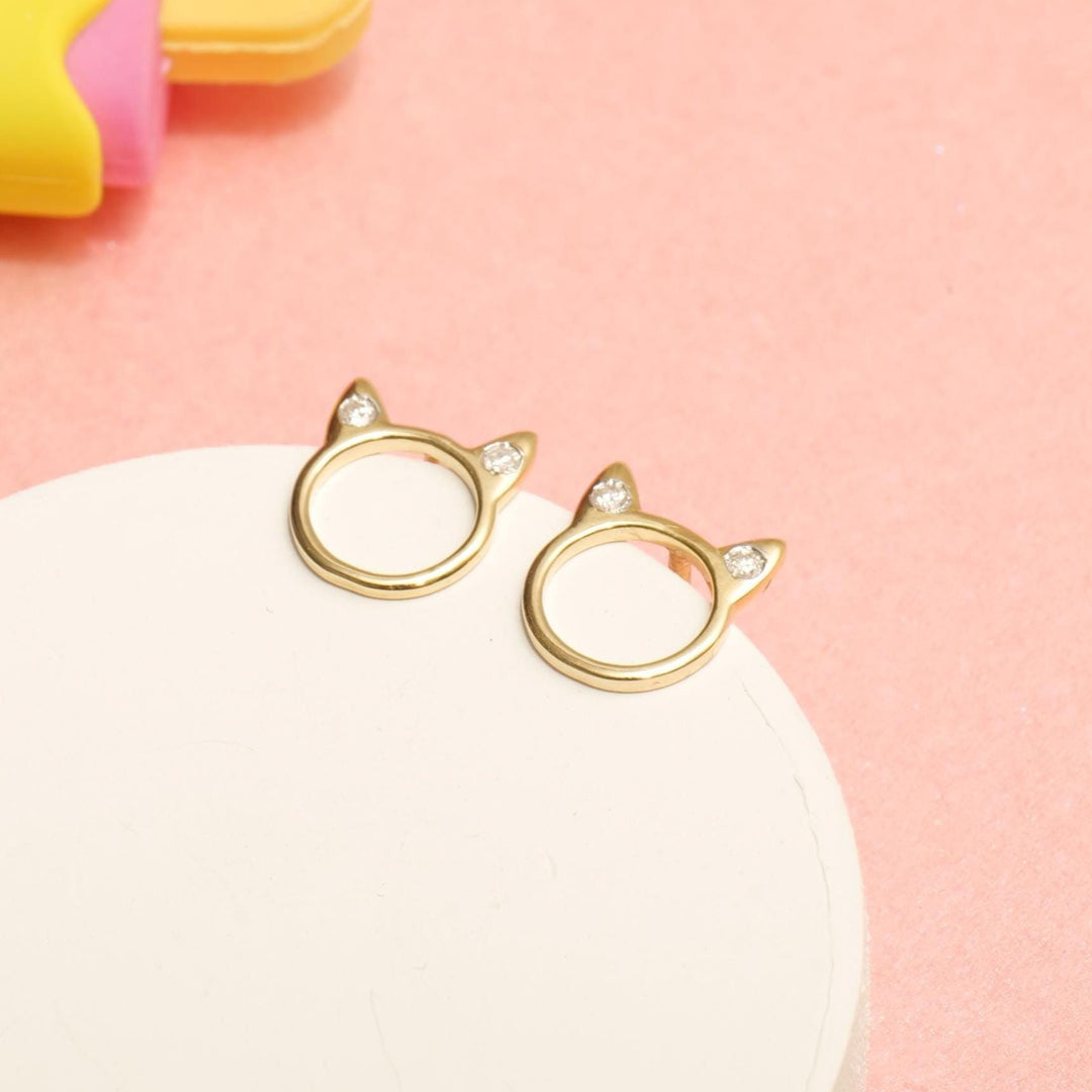 Kids Cat Ear Diamond Stud Earrings, 14k Solid Gold, Natural Diamonds, Animal jewelry, Gift for toddlers/girls/kids, Ready To Ship
