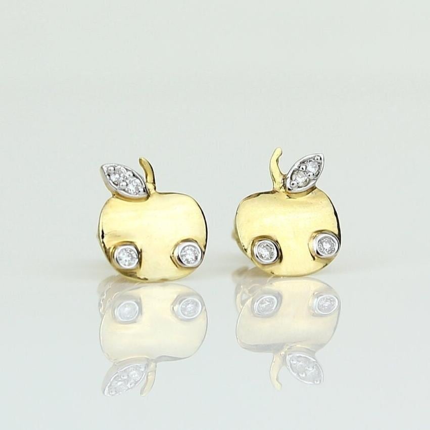 Kids Apple Diamond Stud Earrings, 14k Solid Gold, Natural Diamonds, Fruit Jewelry, Gift for toddlers/girls