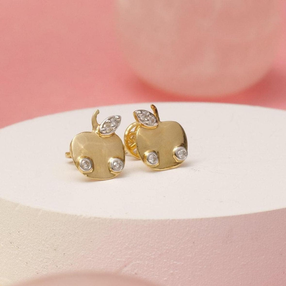 Kids Apple Diamond Stud Earrings, 14k Solid Gold, Natural Diamonds, Fruit Jewelry, Gift for toddlers/girls