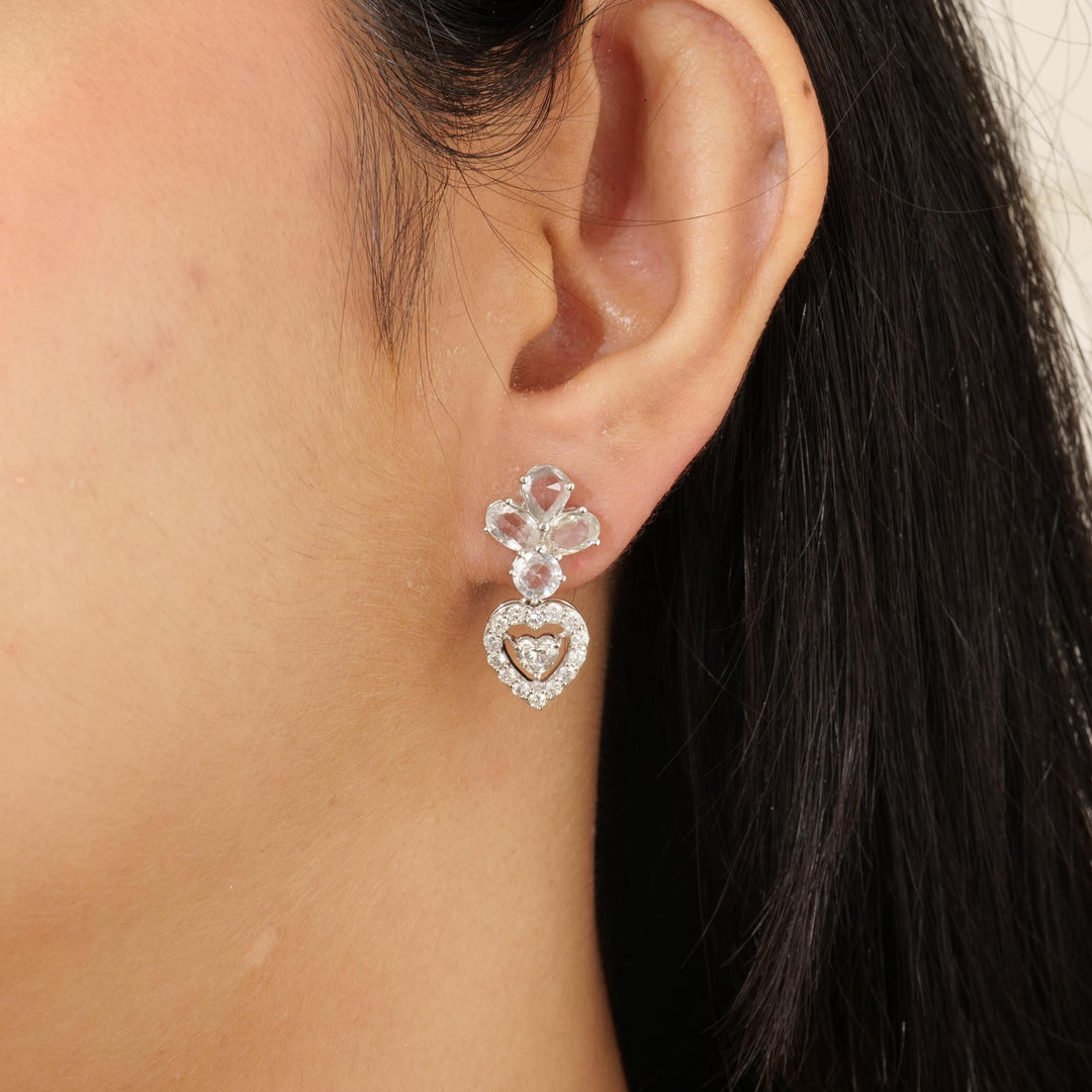 Floral Heart Halo Diamond Studs, 14k Solid Gold, Natural Diamonds, White Sapphire Gemstone Earrings, Statement Jewelry, Bridal Cocktail Stud