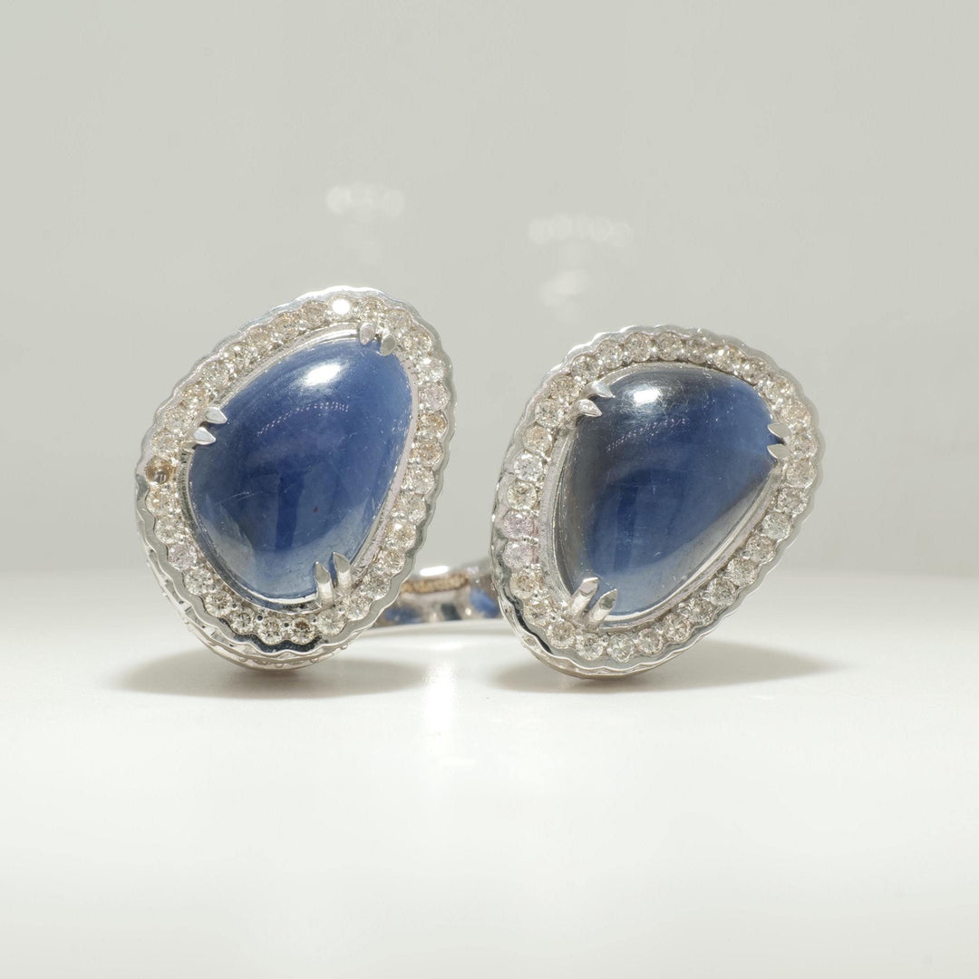 Natural Blue Sapphire & Diamond Open Cuff Ring: 14k Solid Gold Gemstone Cocktail Jewelry, IGI Certified, Ready To Ship