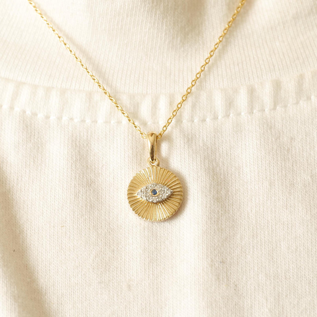 Evil Eye Medallion Diamond Pendant Necklace, 14k Solid Gold, Natural Diamonds, Sunburst Pendant, Everyday Stacking Jewelry, Gift for Her