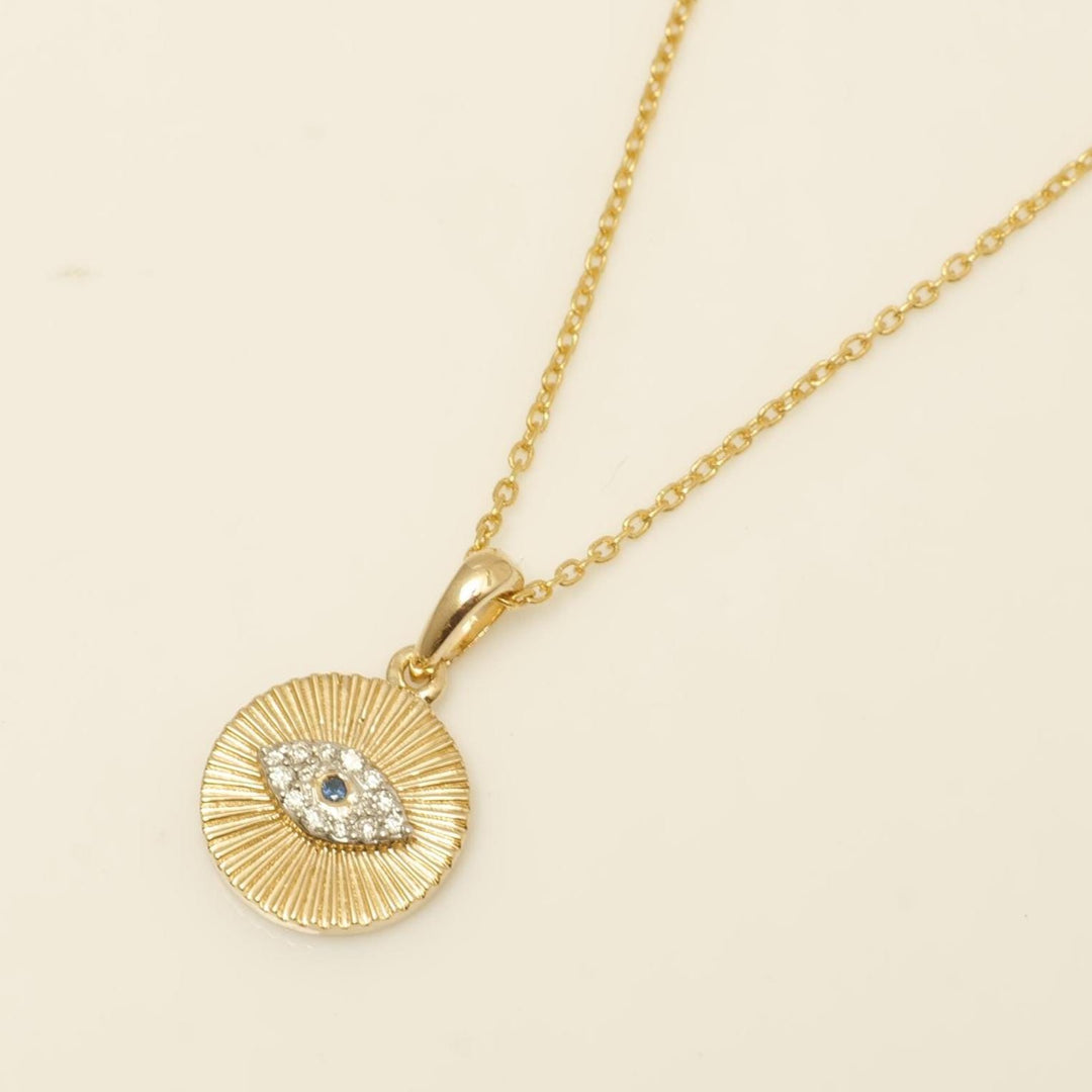 Evil Eye Medallion Diamond Pendant Necklace, 14k Solid Gold, Natural Diamonds, Sunburst Pendant, Everyday Stacking Jewelry, Gift for Her