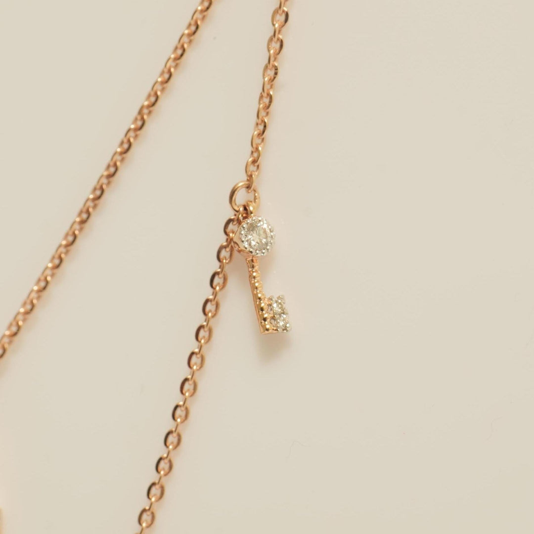 Lock & Key Diamond Necklace, 14k Solid Gold, Natural Diamonds, Dual Tone Charm Layered Stacking Necklace, Ready To Ship, IGI Certified