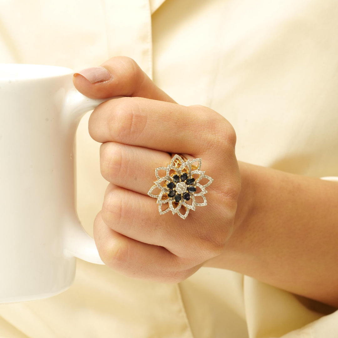 Flower Natural Diamond & Blue Sapphire Ring: 14K Solid Gold Gemstone Cocktail Ring, Certified Jewelry