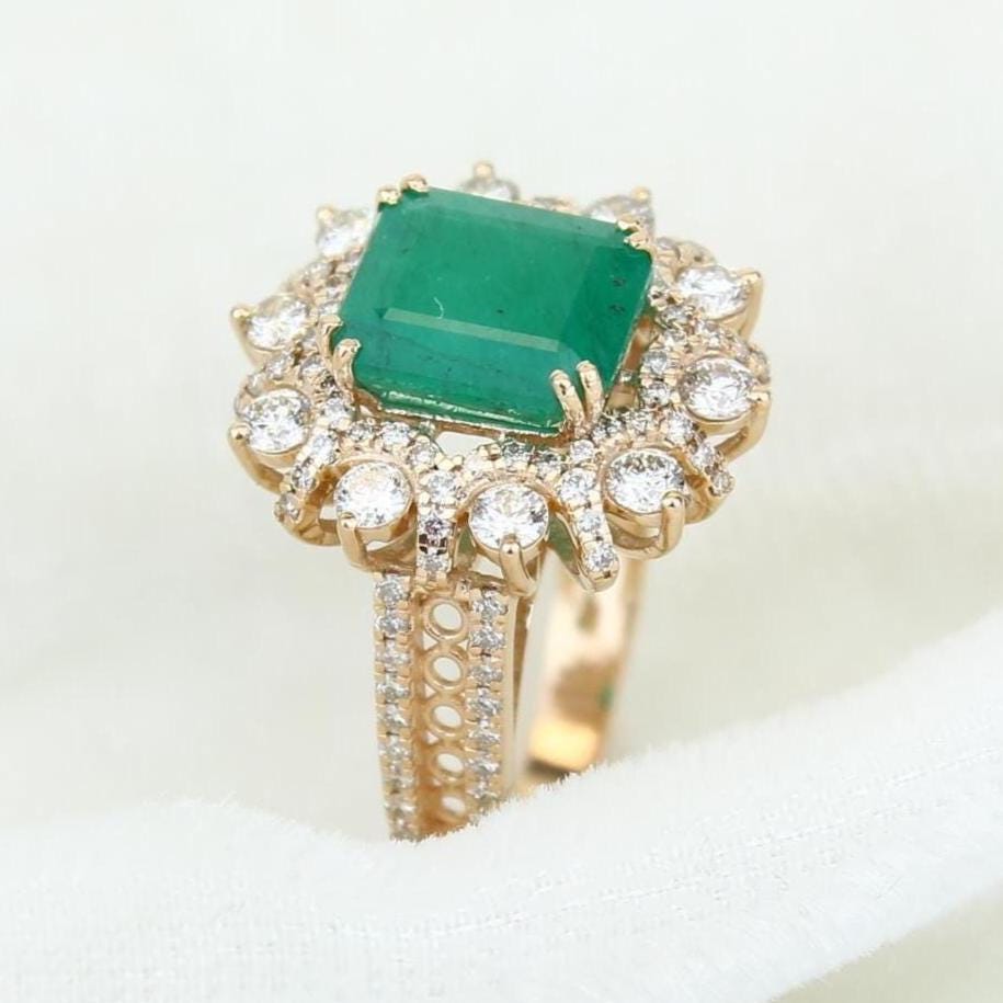 Emerald Diamond Halo Ring, 14k Solid Gold, Natural Diamonds, Birthstone Filigree Gemstone Ring, Cocktail Statement Ring, Ready To Ship
