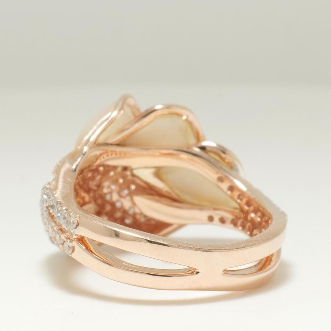 Mother of Pearl Diamond Ring, 14k Solid Gold, Natural Diamonds, Cocktail Leaf Ring, Two Toned Statement Jewelry, Ready To Ship