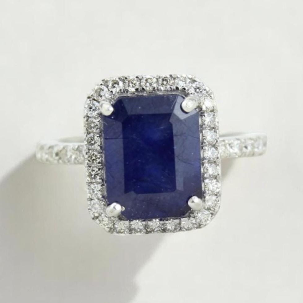 Blue Sapphire Halo Diamond Ring, 14k Solid Gold, Natural Diamonds, Emerald Cut Gemstone Ring, Engagement Ring, Ready To Ship