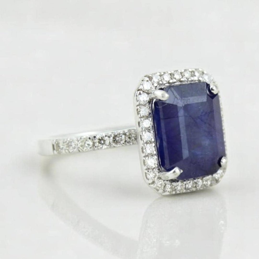 Blue Sapphire Halo Diamond Ring, 14k Solid Gold, Natural Diamonds, Emerald Cut Gemstone Ring, Engagement Ring, Ready To Ship