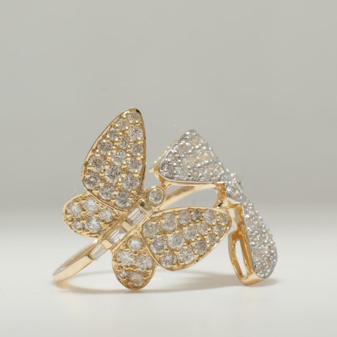 Butterfly Diamond Wrap Ring, 14K Solid Gold, Dual Color Statement Ring, Baguettes & Round Natural Diamonds, Ready To Ship