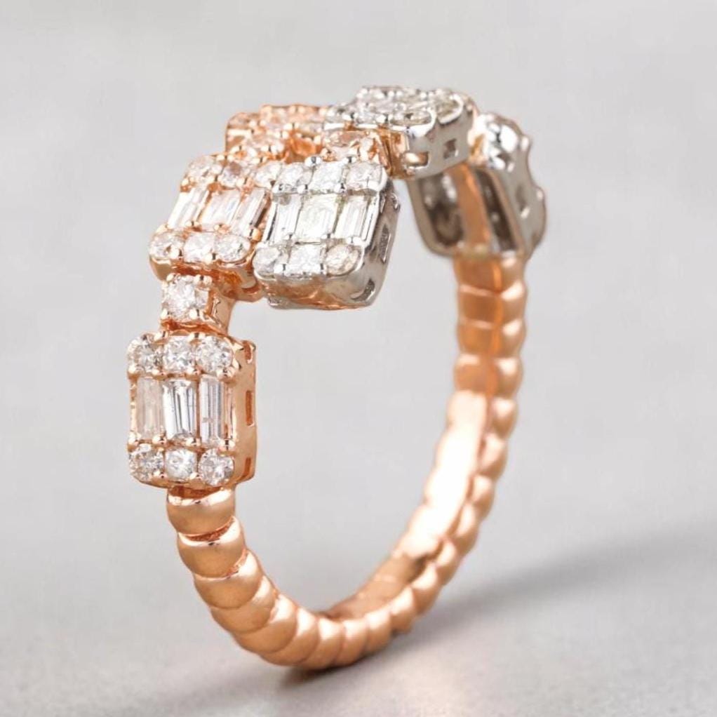 Double Band Diamond Ring In 14K Solid Gold, Baguette & Round Diamonds, Centre Open Ring With Natural Diamonds, Gift For Her