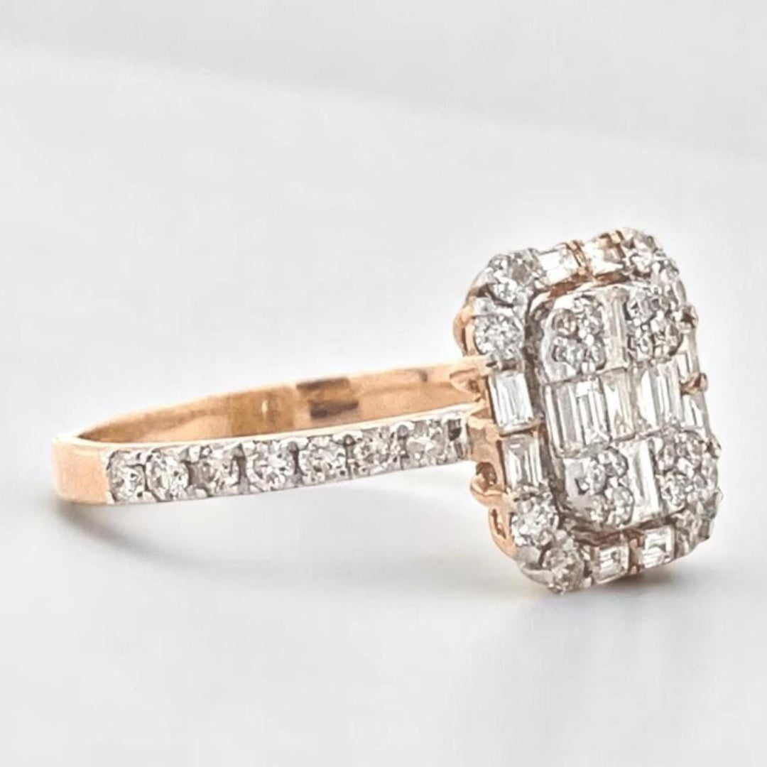 Round & Baguette Diamond Ring in 14k Solid Gold, Illusion Diamond Gold Ring, Natural Diamonds, Ready To Ship, Women&#39;s Day Gift