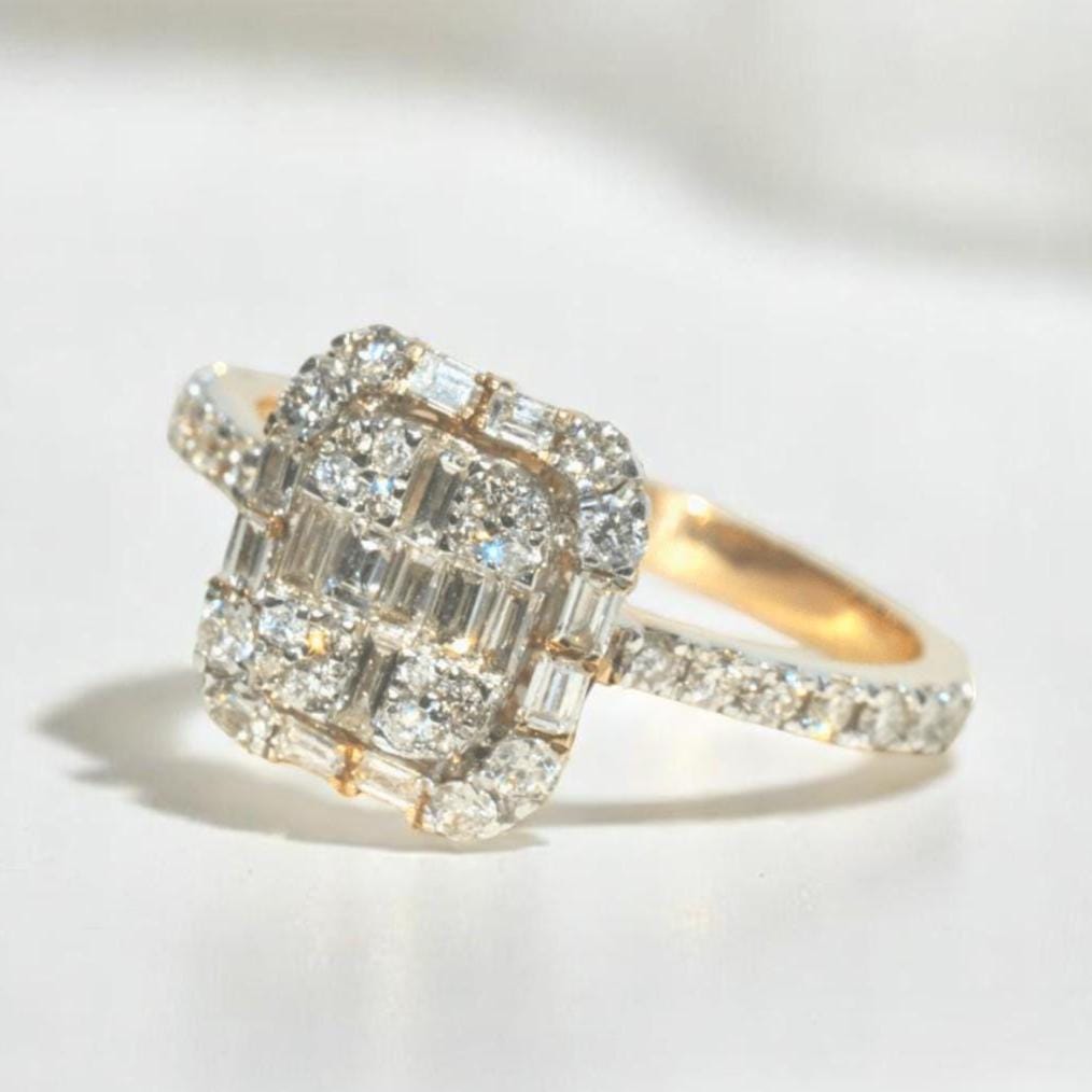 Round & Baguette Diamond Ring in 14k Solid Gold, Illusion Diamond Gold Ring, Natural Diamonds, Ready To Ship, Women&#39;s Day Gift