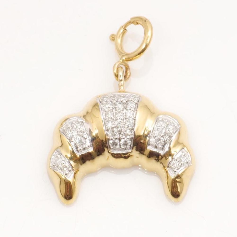 Croissant Diamond Charm, 14k Solid Gold, Natural Diamonds, Everyday Layering Jewelry, Two Tone French Food Jewelry, Minimalistic Pendant