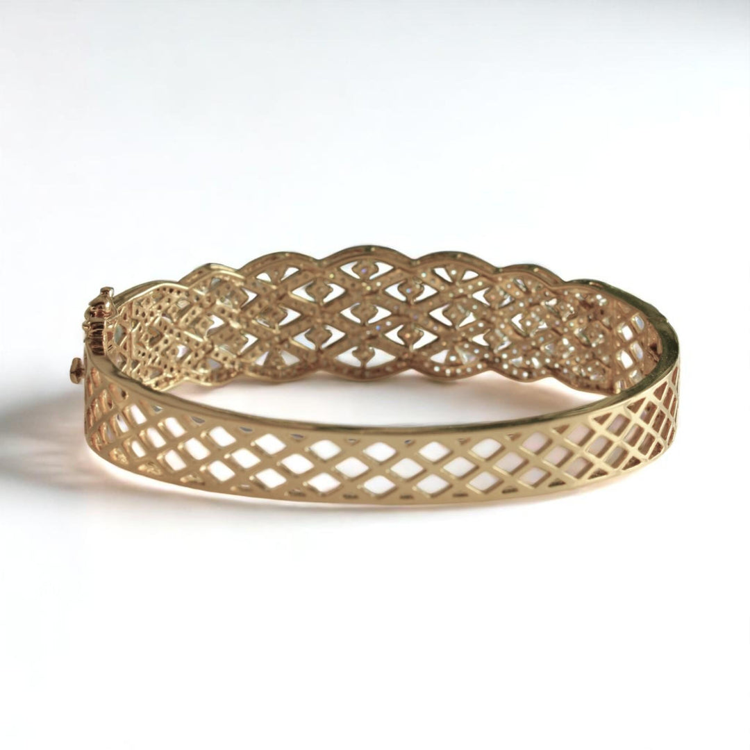 Broad Diamond Bangle Bracelet, 14k Solid Gold, Natural Diamonds, Wide Statement Jewelry, Cocktail Lattice Bracelet