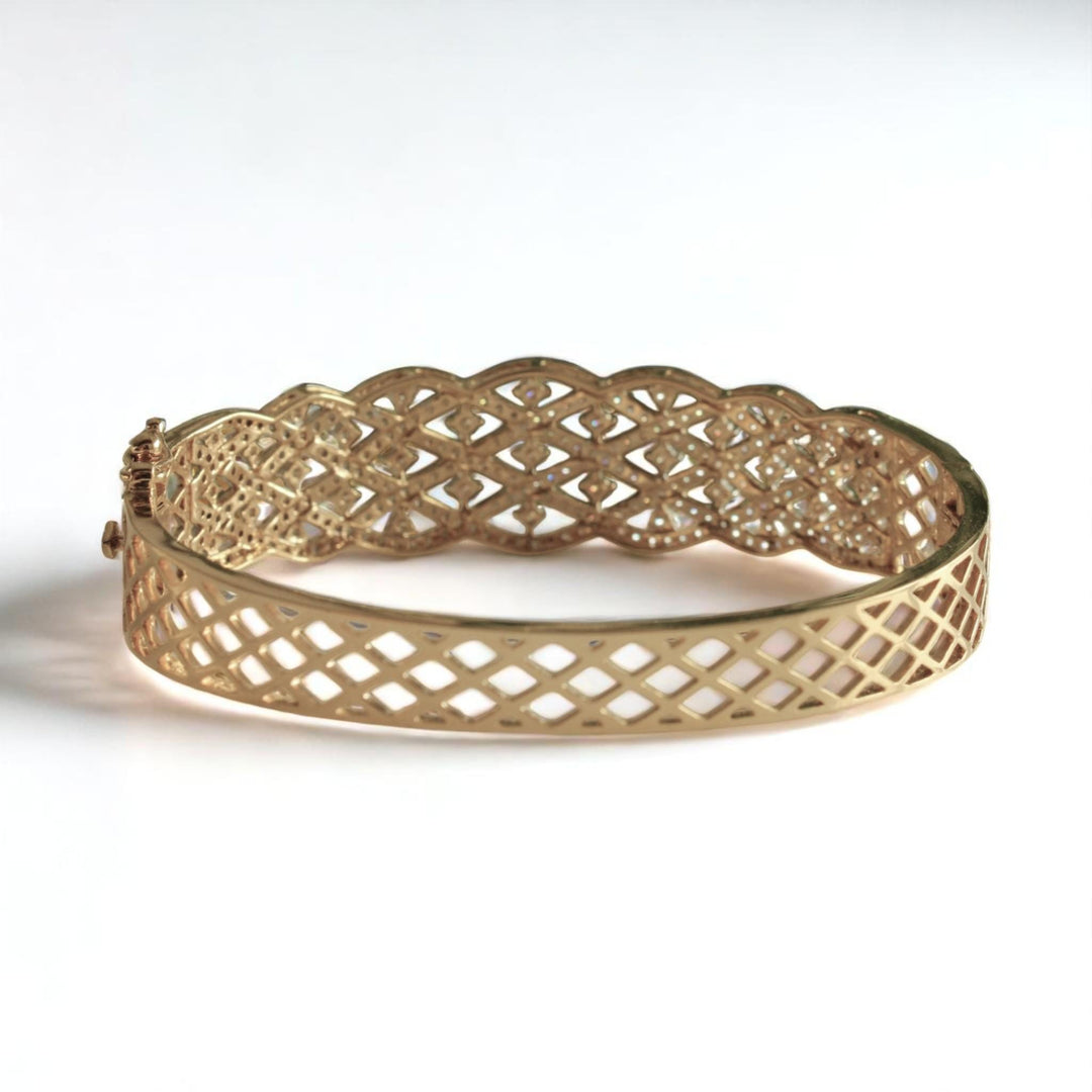 Broad Diamond Bangle Bracelet, 14k Solid Gold, Natural Diamonds, Wide Statement Jewelry, Cocktail Lattice Bracelet