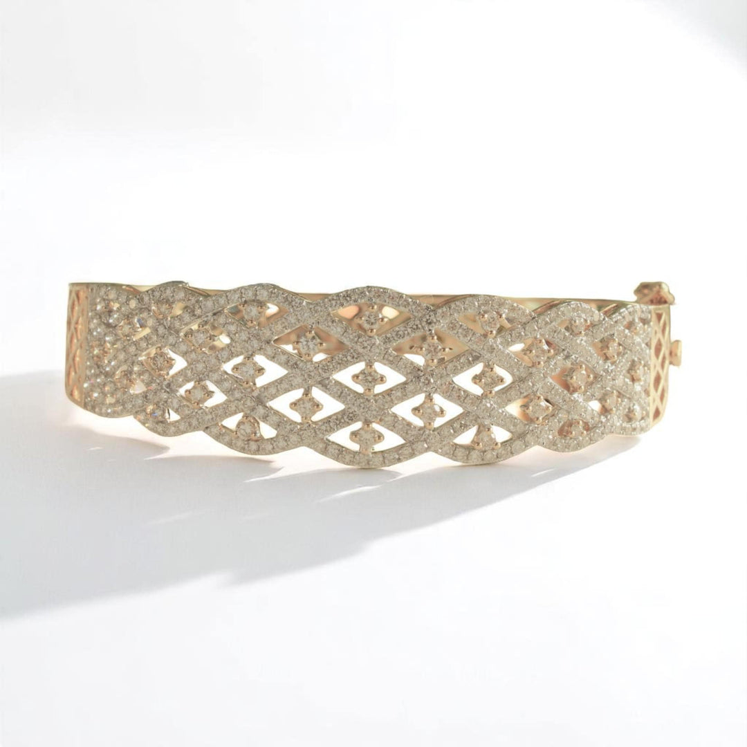 Lattice  Broad Natural Diamond Cocktail Bracelet, 14k Solid Gold Wide Statement Bangle Jewellery, Certified Jewelry