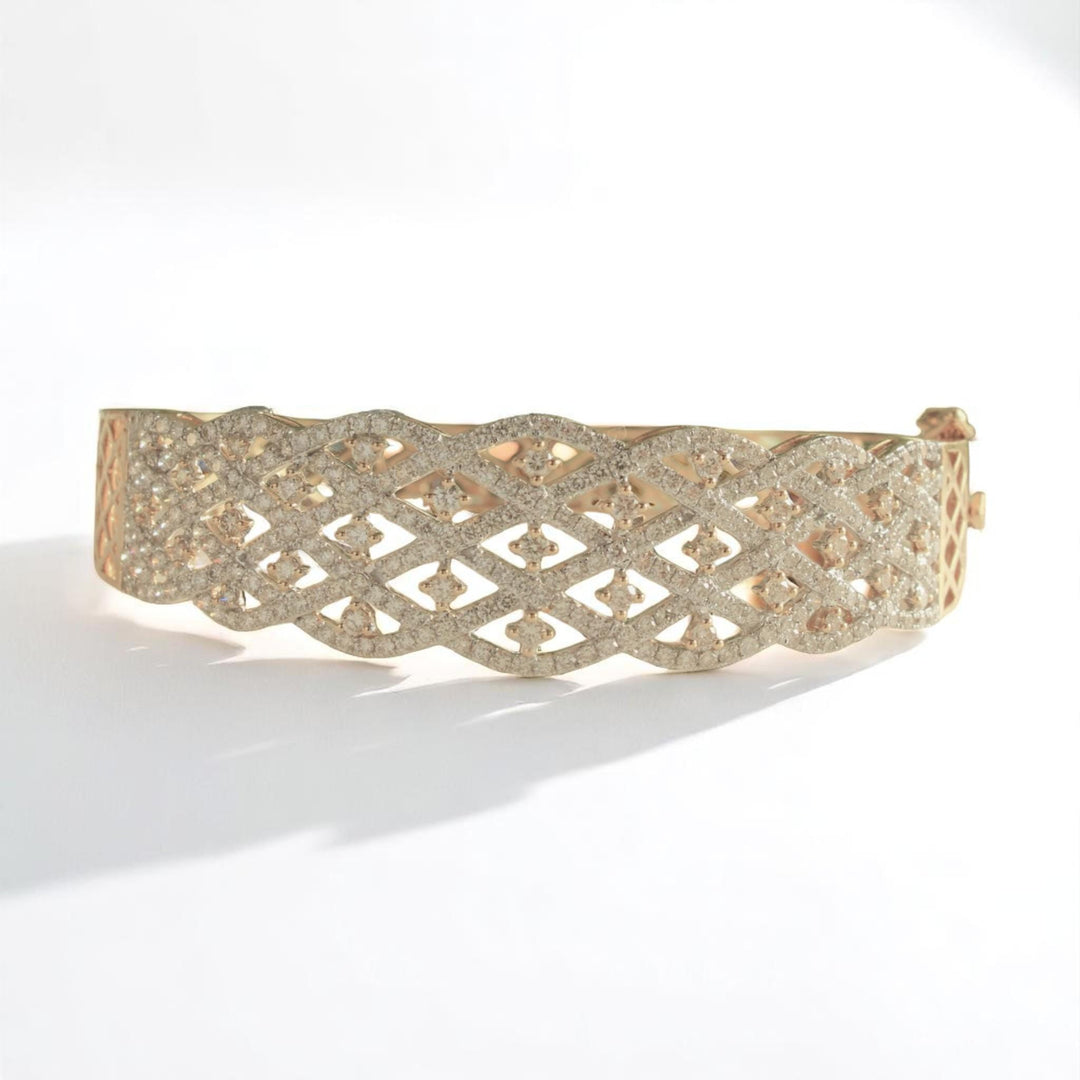 Broad Diamond Bangle Bracelet, 14k Solid Gold, Natural Diamonds, Wide Statement Jewelry, Cocktail Lattice Bracelet