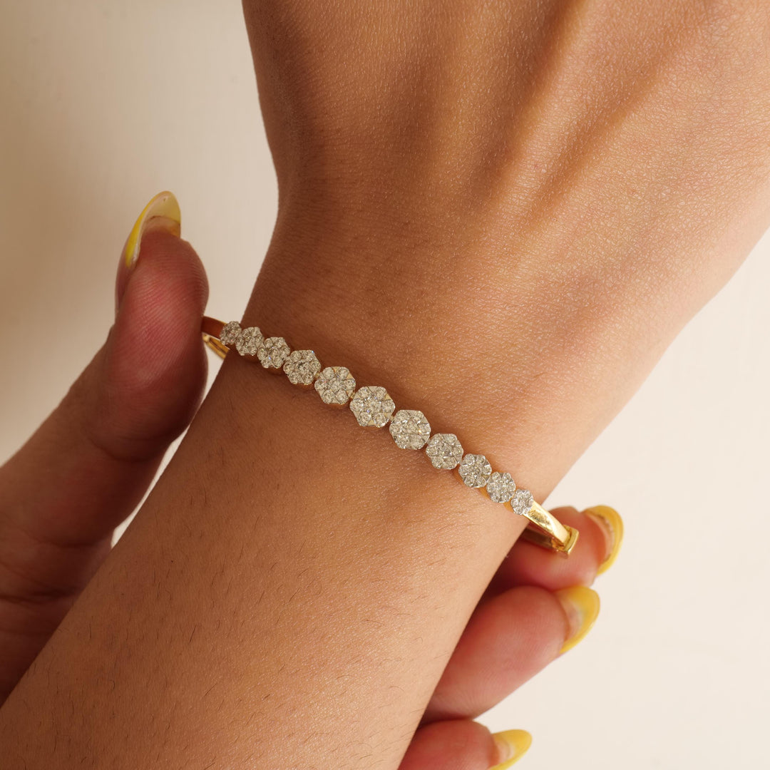 Flower Cluster Cuff Bracelet, 14k Solid Gold, Natural Diamonds, Illusion Stackable Cuff, Statement  Everyday Jewelry