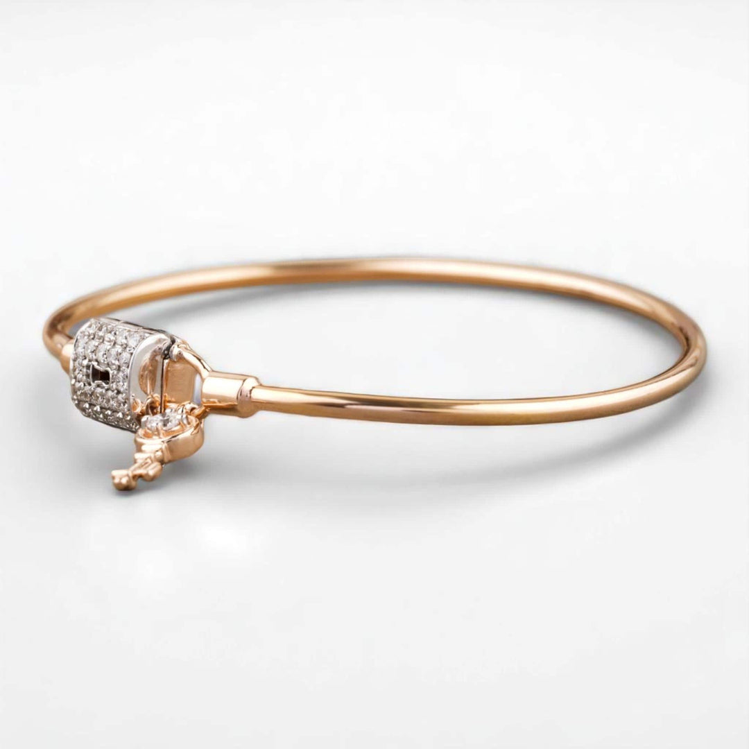 Lock & Key Diamond Bracelet, 14k Solid Gold, Natural Diamonds, Dual Tone Charm Bangle, Stacking Statement Jewelry, Minimalistic Bracelet