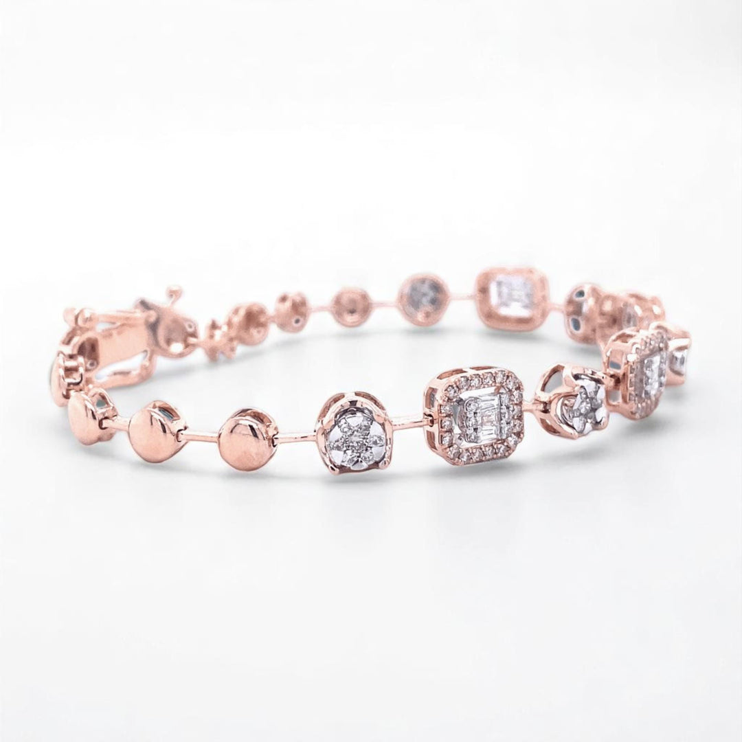 Halo Set Diamond Tennis Bracelet, 14k Solid Gold, Natural Diamonds, Illusion Two Toned Bracelet, Stackable Minimalistic Jewelry