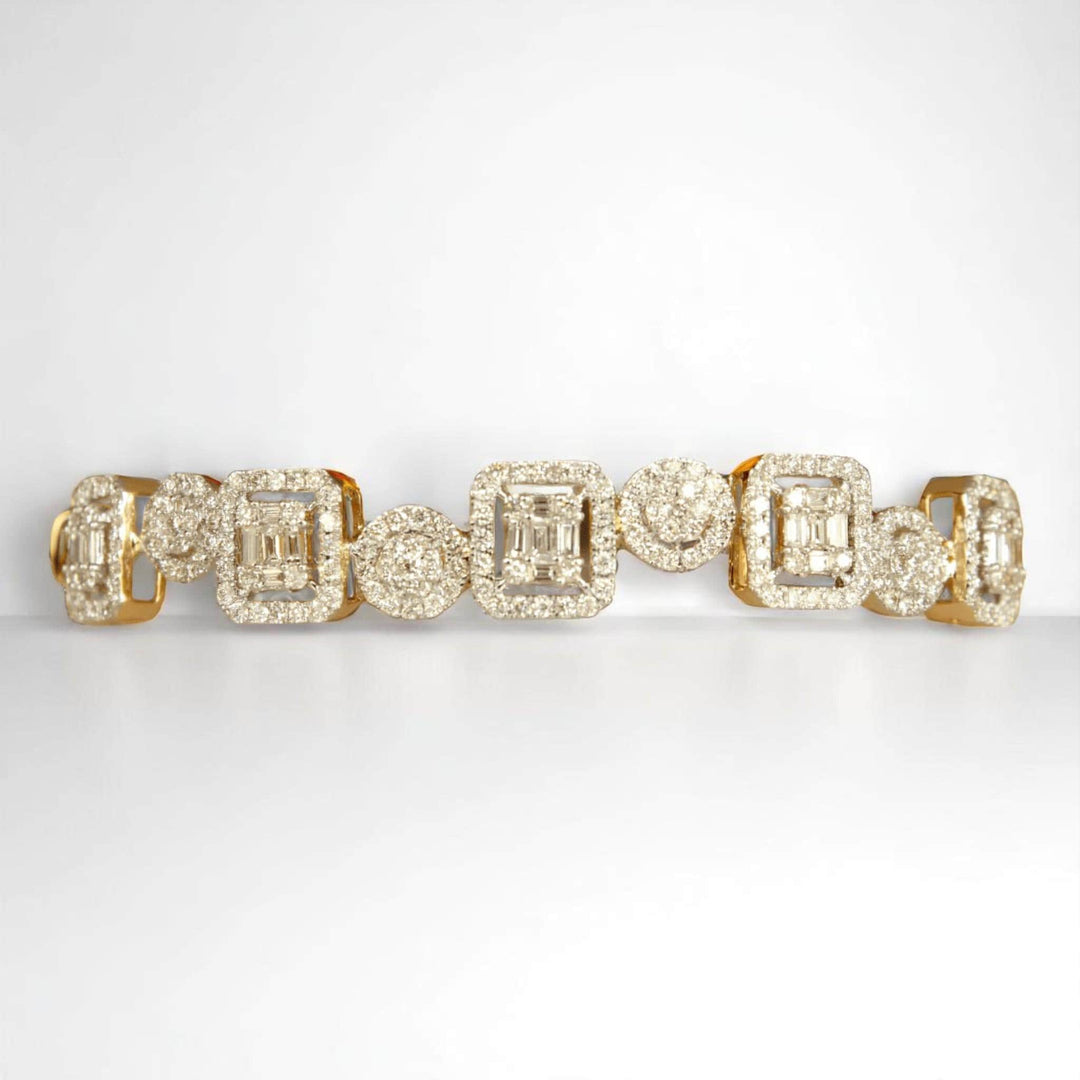 Round and Square Halo Set Bracelet, 14k Solid Gold, Natural Diamonds, Bold Statement Cluster Bangle, Stackable Wedding Jewelry