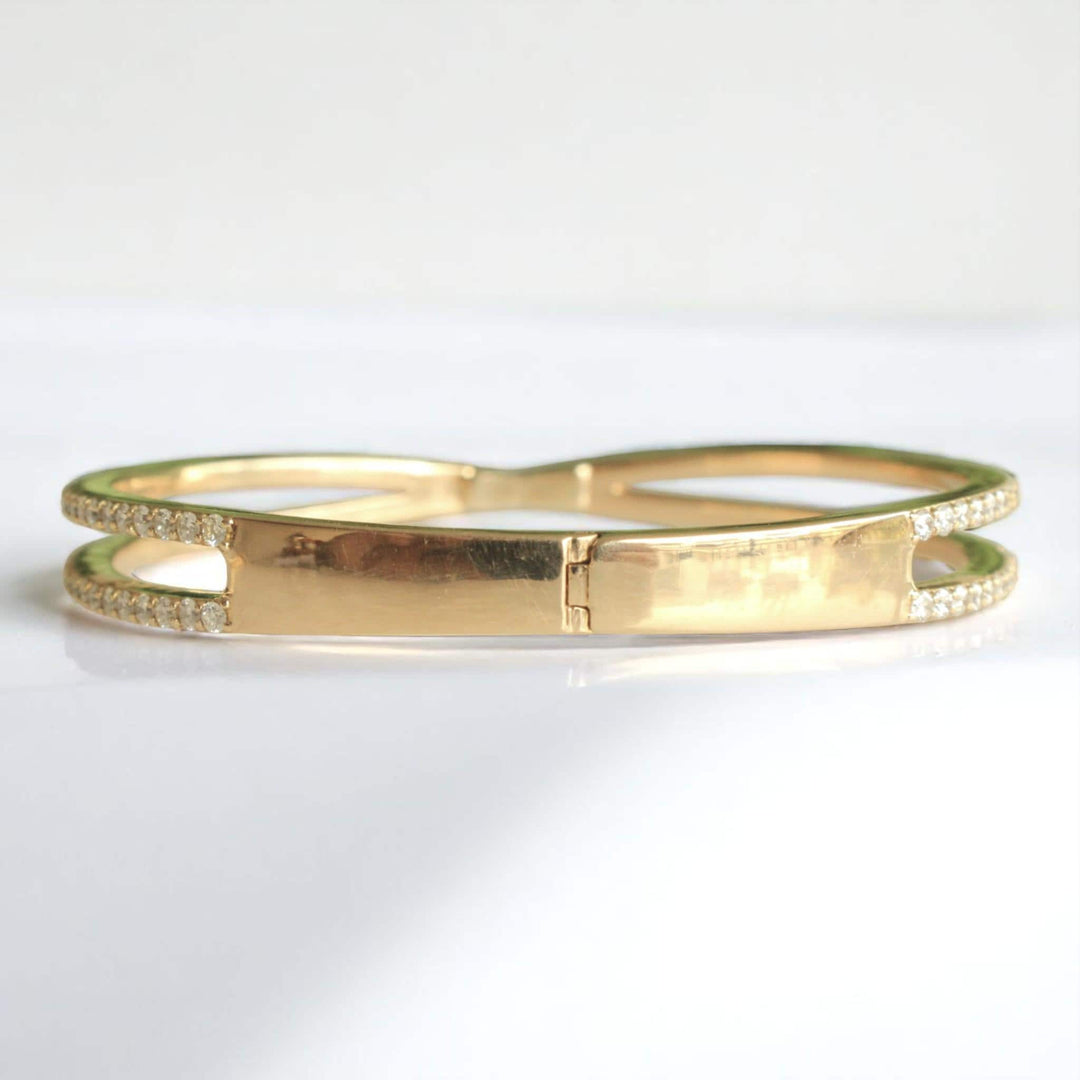 Crossover Diamond Bracelet, 14k Solid Gold, Natural Diamonds, Gold Stackable Bangle, Statement Jewelry, Wide Cocktail Bracelet