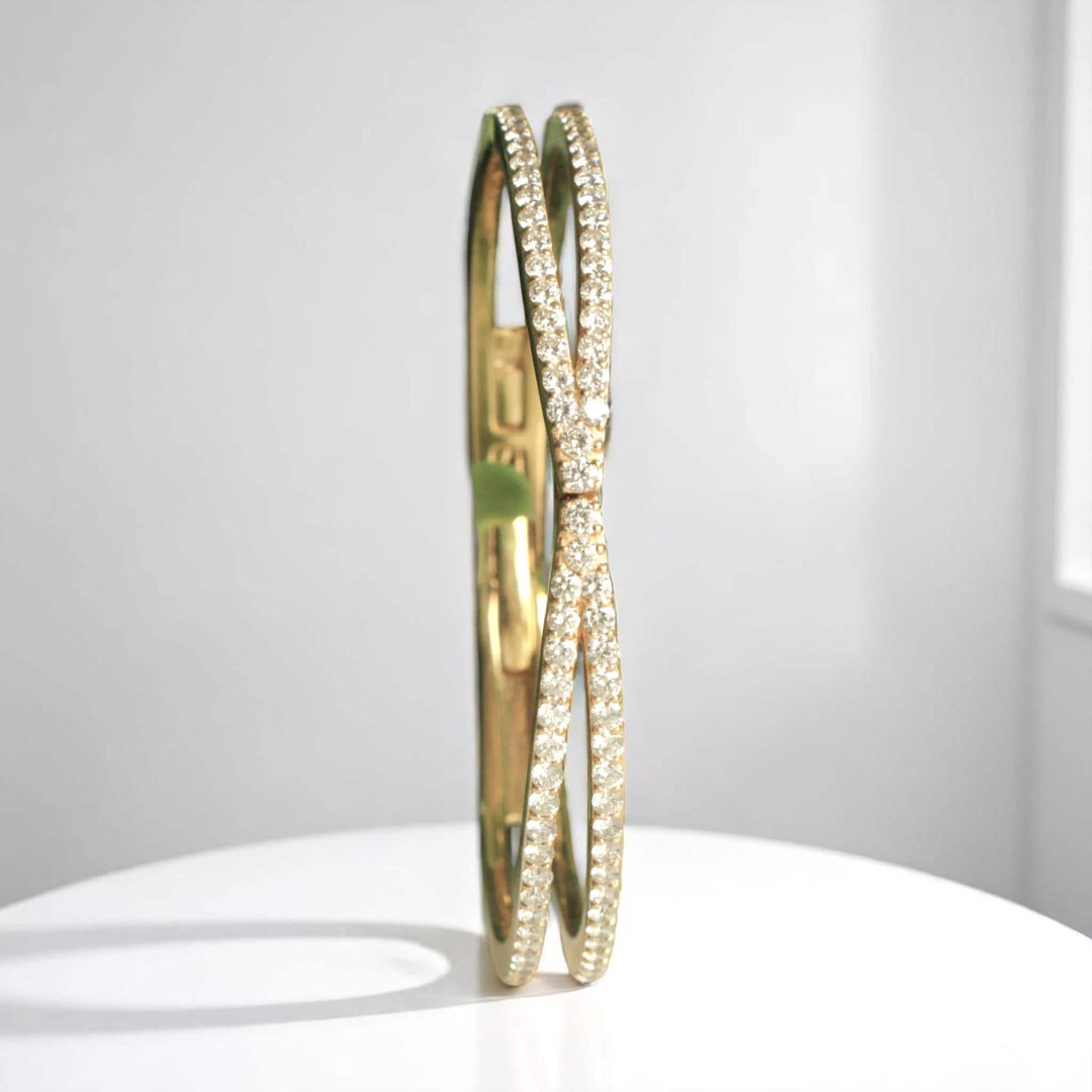 Crossover Diamond Bracelet, 14k Solid Gold, Natural Diamonds, Gold Stackable Bangle, Statement Jewelry, Wide Cocktail Bracelet