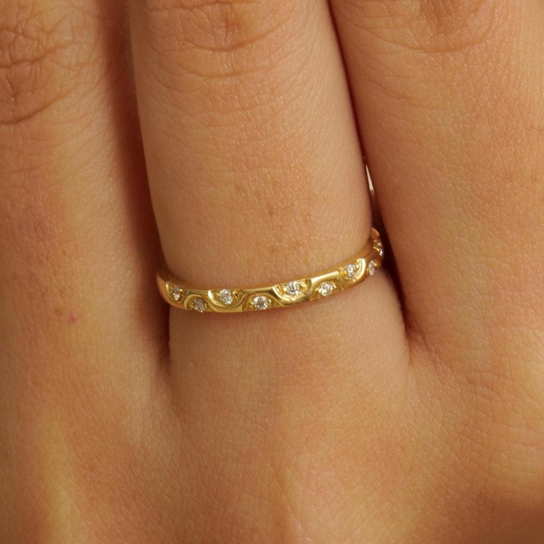 Crescent Diamond Band Ring, 14k Solid Gold, Supporting Band Ring, Natural Diamonds, Stackable Everyday Ring, Ready To Ship, Women&#39;s Day Gift