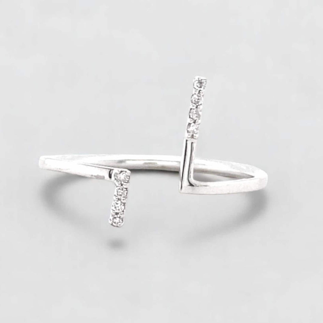 Double Bar Open Cuff Diamond Ring, 14k Solid Gold, Natural Diamonds, Asymmetrical T-Ring, Minimalist Ring, Ready To Ship, Women&#39;s Day Gift