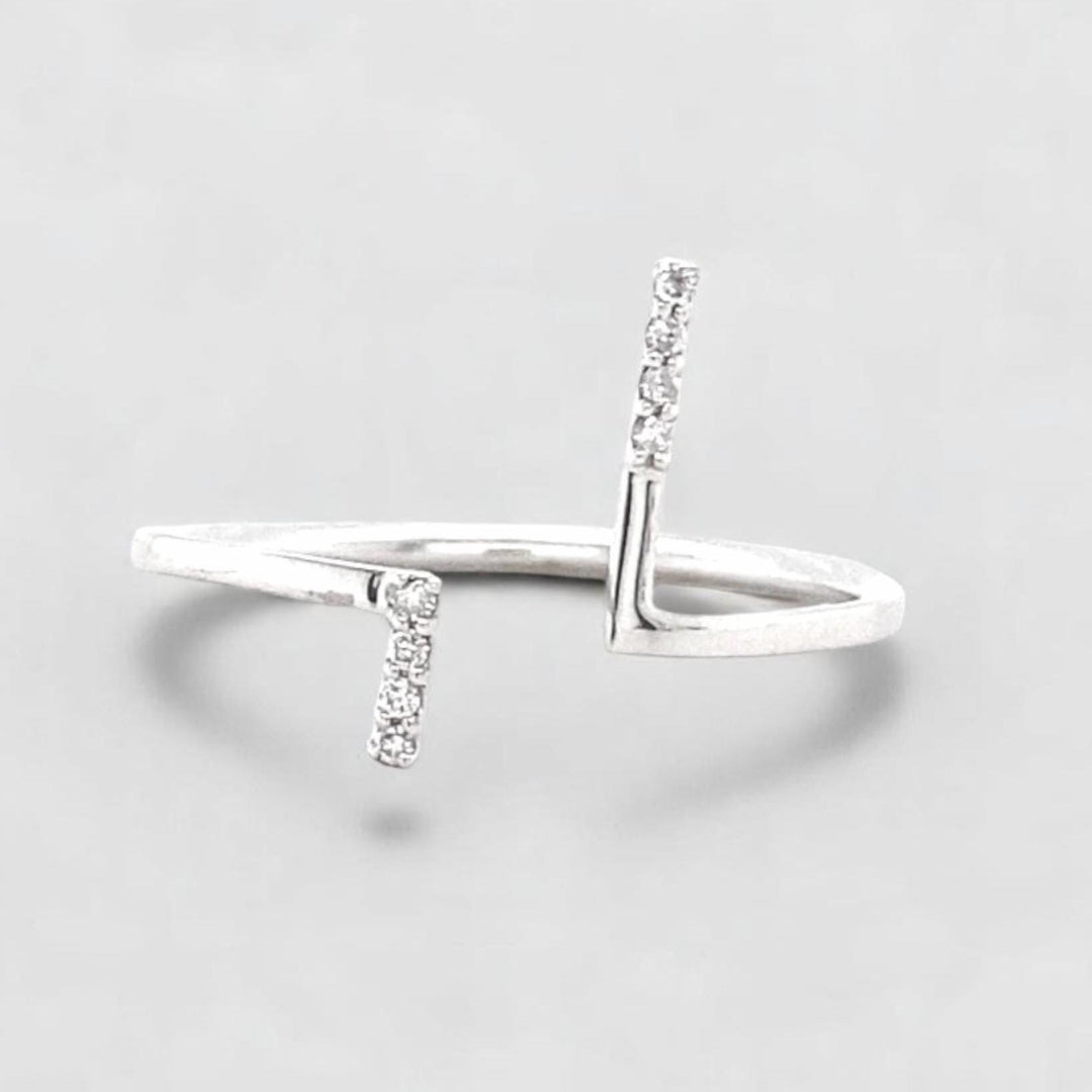 Double Bar Open Cuff Diamond Ring, 14k Solid Gold, Natural Diamonds, Asymmetrical T-Ring, Minimalist Ring, Ready To Ship, Women&#39;s Day Gift