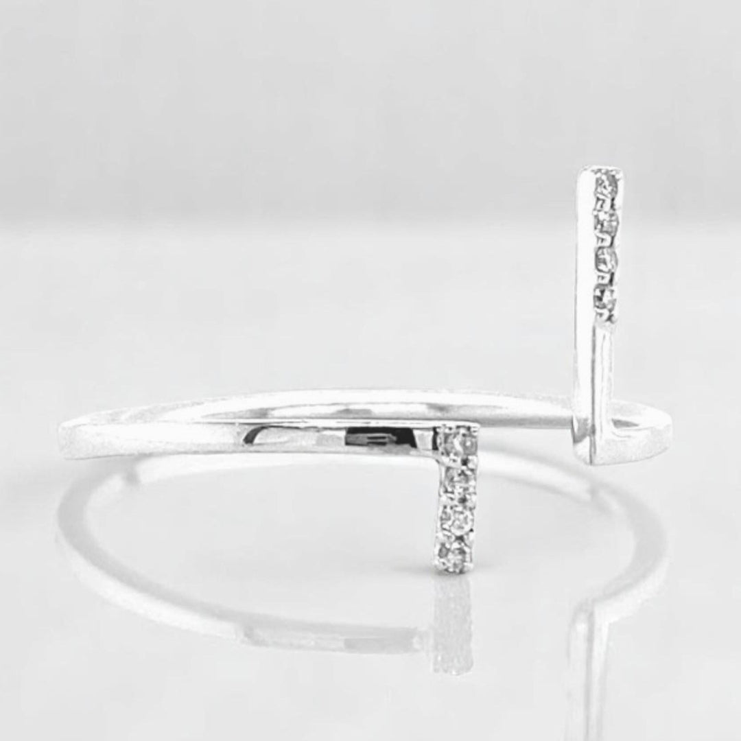 Double Bar Open Cuff Diamond Ring, 14k Solid Gold, Natural Diamonds, Asymmetrical T-Ring, Minimalist Ring, Ready To Ship, Women&#39;s Day Gift