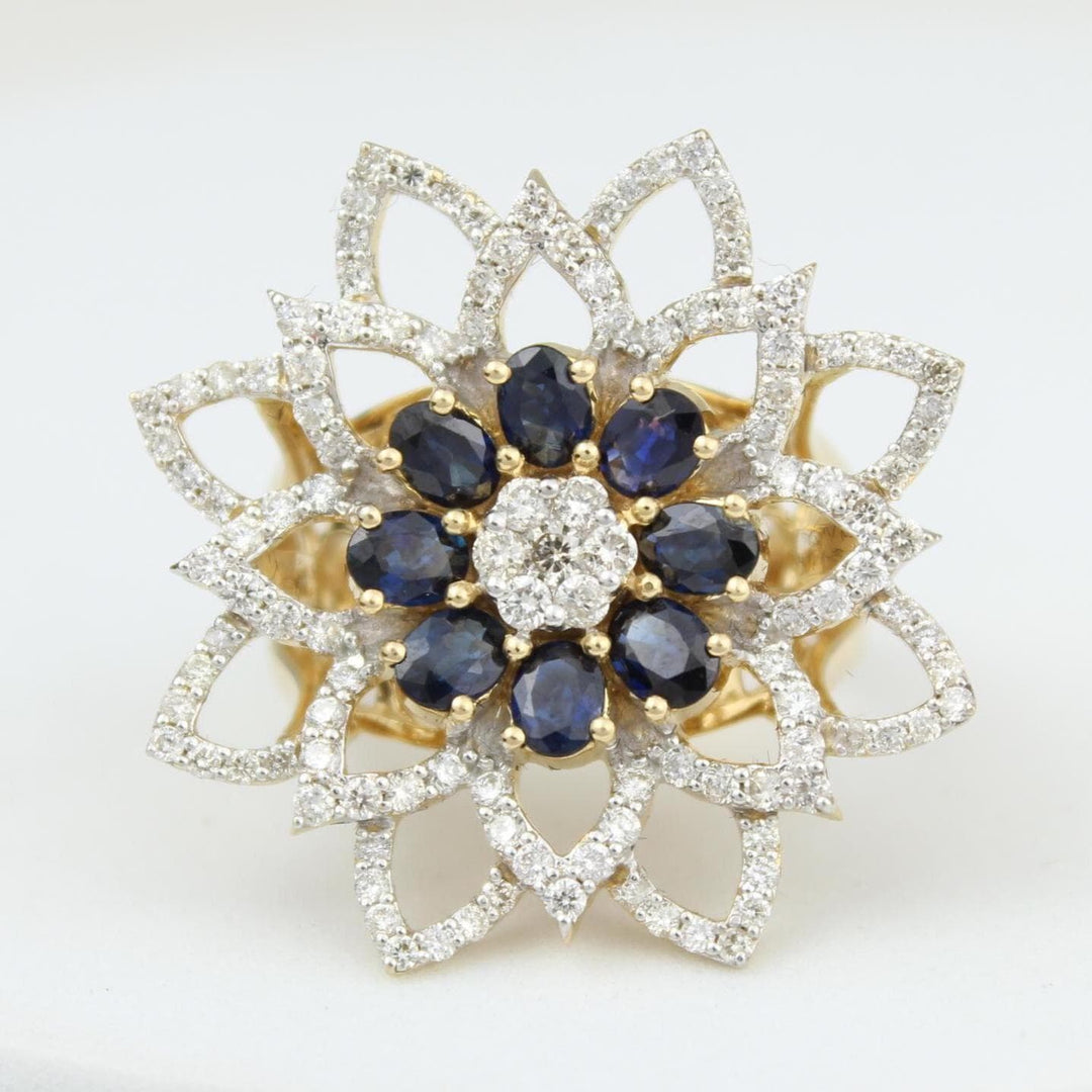 Flower Diamond Ring, Blue Sapphire Gemstone Ring, 14K Solid Gold, Natural Diamonds, Cocktail Statement Ring, Ready To Ship