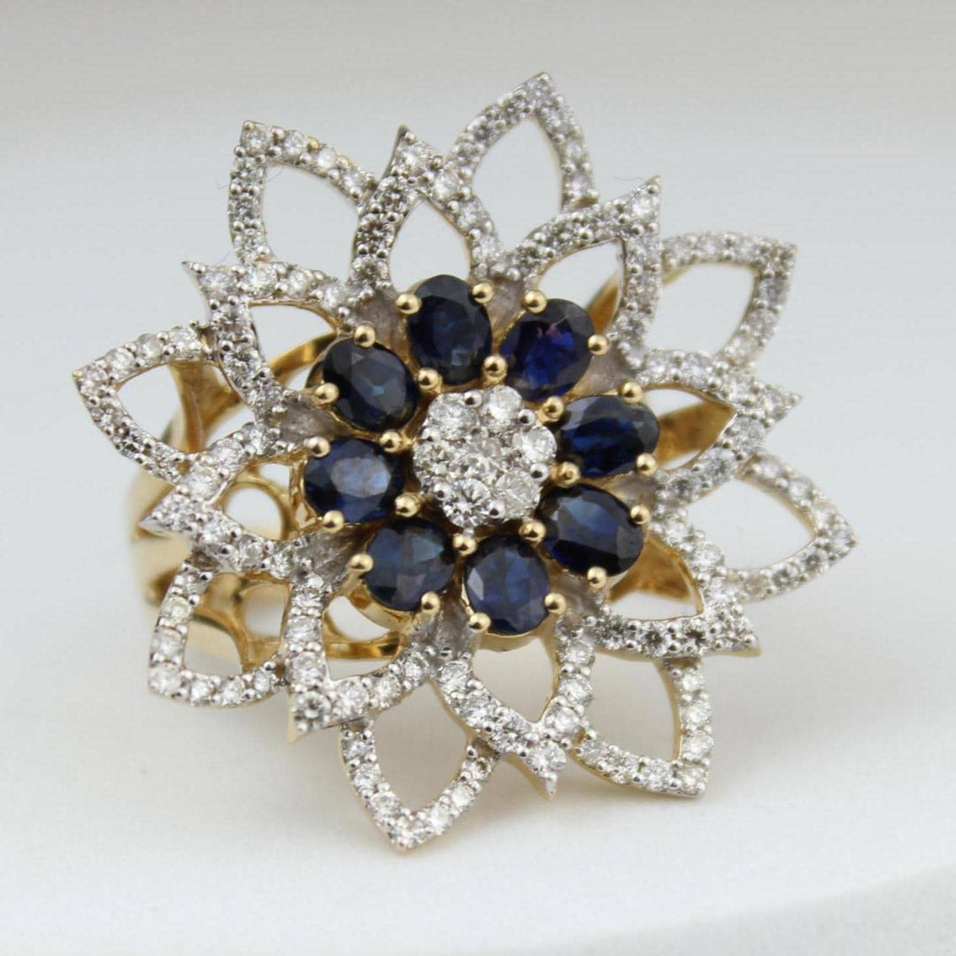 Flower Diamond Ring, Blue Sapphire Gemstone Ring, 14K Solid Gold, Natural Diamonds, Cocktail Statement Ring, Ready To Ship